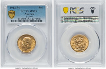 George V gold Sovereign 1912-M MS65 PCGS, Melbourne mint, KM29, S-3999. A stunning Gem, currently sharing the "top-pop" position in PCGS census with f...