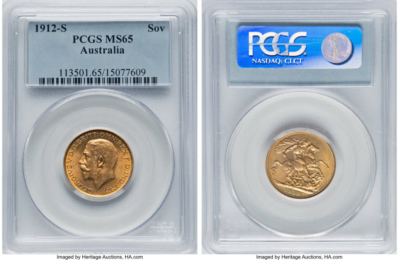 George V gold Sovereign 1912-S MS65 PCGS, Sydney mint, KM29, S-4003. A glistenin...