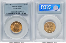 George V gold Sovereign 1912-S MS65 PCGS, Sydney mint, KM29, S-4003. A glistening, boldly struck representative with admirably silky surfaces. HID0980...