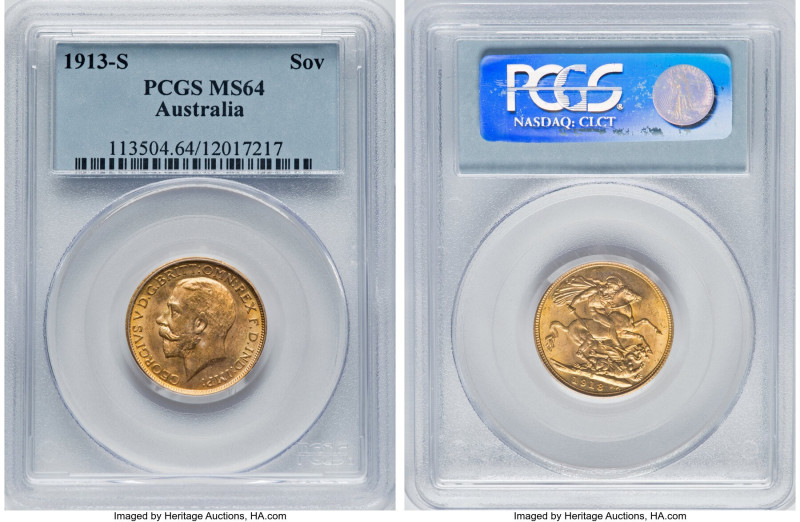 George V gold Sovereign 1913-S MS64 PCGS, Sydney mint, KM29, S-4003. A good-look...