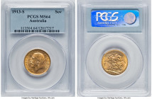George V gold Sovereign 1913-S MS64 PCGS, Sydney mint, KM29, S-4003. A good-looking offering dappled by touches of apricot toning and blessed with imp...