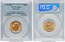 George V gold Sovereign 1914-M MS64 PCGS, Melbourne mint, KM29, S-3999. A wonderfully vibrant and virtually Gem piece, seldom available in the marketp...