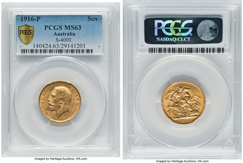 George V gold Sovereign 1916-P MS63 PCGS, Perth mint, KM29, S-4001. The King's b...