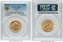George V gold Sovereign 1916-P MS63 PCGS, Perth mint, KM29, S-4001. The King's bust is laudably boldly rendered on this Choice offering. HID0980124201...
