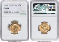 George V gold Sovereign 1918-P MS64 NGC, Perth mint, KM29, S-4001. A fetching near-Gem piece with satiny fields and tempting flaxen hue. HID0980124201...