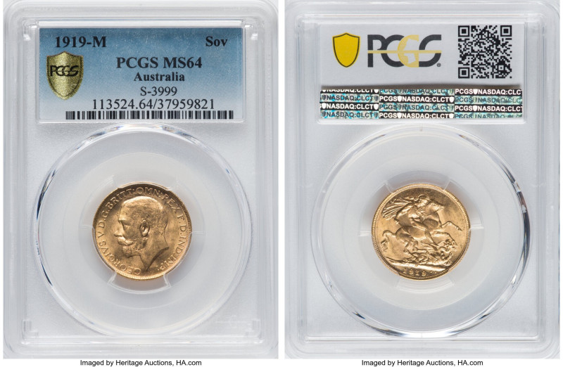 George V gold Sovereign 1919-M MS64 PCGS, Melbourne mint, KM29, S-3999. Designat...