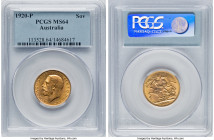 George V gold Sovereign 1920-P MS64 PCGS, Perth mint, KM29, S-4001. On the verge of Gem designation, with compelling eye-appeal and attractive luster....