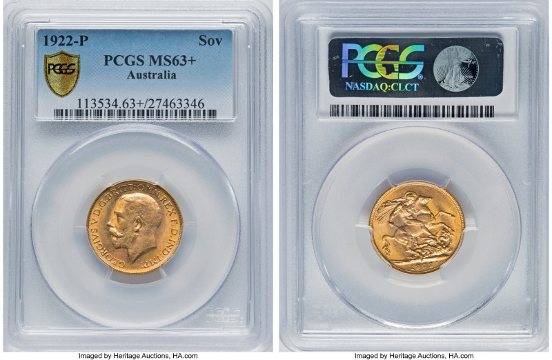 George V gold Sovereign 1922-P MS63+ PCGS, Perth mint, KM29, S-4001. A wonderful...