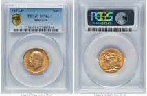 George V gold Sovereign 1922-P MS63+ PCGS, Perth mint, KM29, S-4001. A wonderfully well preserved specimen, with satin surfaces embellished with under...