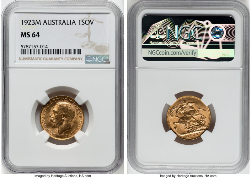George V gold Sovereign 1923-M MS64 NGC, Melbourne mint, KM29, S-3999. A near-Ge...