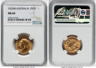 George V gold Sovereign 1923-M MS64 NGC, Melbourne mint, KM29, S-3999. A near-Gem, fully lustrous specimen with toning reminiscent of the golden beach...