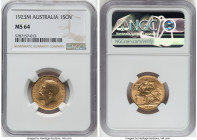 George V gold Sovereign 1923-M MS64 NGC, Melbourne mint, KM29, S-3999. Confidently Choice, boldly struck piece with warm desert sand toning. HID098012...