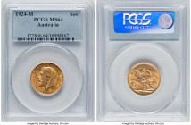 George V gold Sovereign 1924-M MS64 PCGS, Melbourne mint, KM29, S-3999. Boasting a satisfying amber undercurrent and outstanding shimmer to the fields...