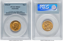 George V gold Sovereign 1924-P MS63 PCGS, Perth mint, KM29, S-4001. A better date from Perth. Highly collectible in this technical grade, presenting w...