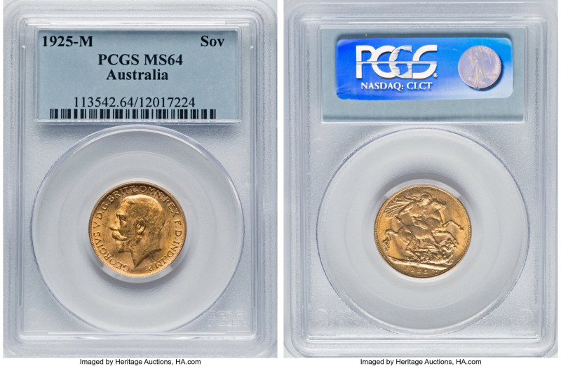 George V gold Sovereign 1925-M MS64 PCGS, Melbourne mint, KM29, S-3999. A pleasi...