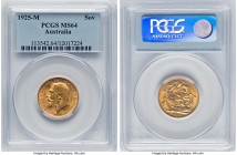 George V gold Sovereign 1925-M MS64 PCGS, Melbourne mint, KM29, S-3999. A pleasing, high-grade offering weaving lashes of luster. A few minor handling...