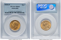 George V gold Sovereign 1925-P MS63 PCGS, Perth mint, KM29, S-4001. A wholly appreciable Choice Mint State offering, currently bested by only three ex...