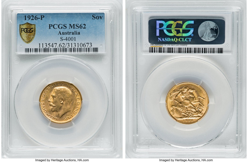 George V gold Sovereign 1926-P MS62 PCGS, Perth mint, KM29, S-4001. A handsome a...