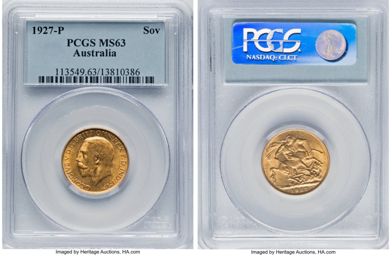 George V gold Sovereign 1927-P MS63 PCGS, Perth mint, KM29, S-4001. A respectabl...