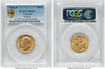 George V gold Sovereign 1928-P MS63 PCGS, Perth mint, KM29, S-4001. A harvest-gold specimen with subtle luster. HID09801242017 © 2022 Heritage Auction...