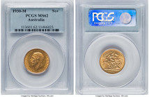 George V gold Sovereign 1930-M MS62 PCGS, Melbourne mint, KM32, S-4000. Tinged with a touch of tangerine hue, this fetching example has even a touch f...