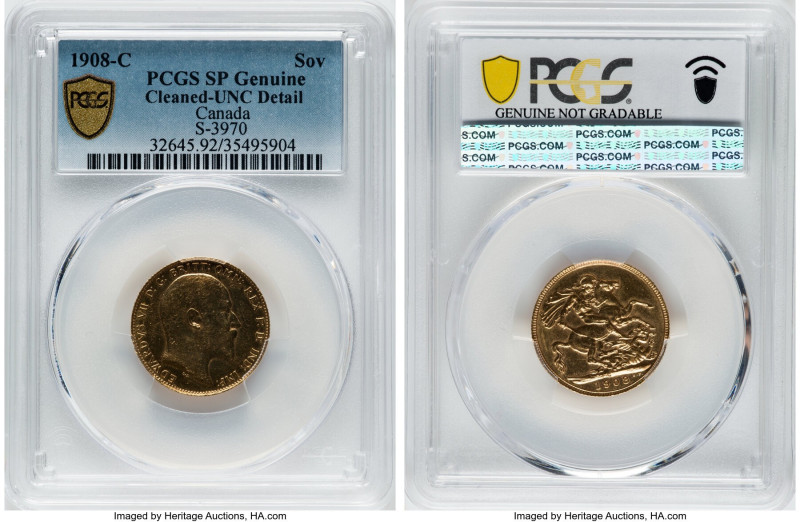 Edward VII gold Sovereign 1908-C UNC Details (Cleaned) PCGS, Ottawa mint, KM14, ...