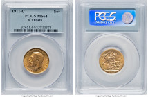 George V gold Sovereign 1911-C MS64 PCGS, Ottawa mint, KM20, S-3997. A decidedly Choice Mint State example, carrying a distinctive warm hue and sleek ...