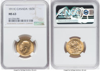George V gold Sovereign 1911-C MS63 NGC, Ottawa mint, KM20, S-3997. Mintage: 257,048. A handsome example, boldly struck and exibiting an underlying wa...
