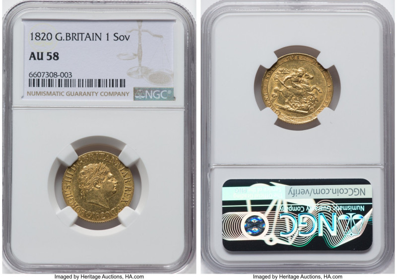 George III gold Sovereign 1820 AU58 NGC, KM674, S-3785C. Open 2 in date. Admitti...