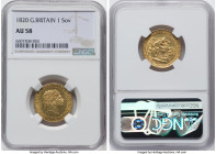 George III gold Sovereign 1820 AU58 NGC, KM674, S-3785C. Open 2 in date. Admitting honest wear from gentle circulation across the King's portrait and ...