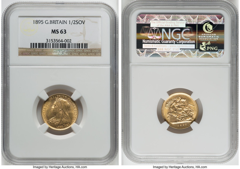 Victoria gold 1/2 Sovereign 1895 MS63 NGC, KM784, S-3878. Awash in champagne-gol...