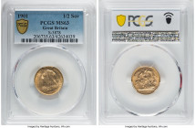 Victoria gold 1/2 Sovereign 1901 MS63 PCGS, KM784, S-3878. A lovely Choice offering in pale peach hue enveloped in a breath of luster. HID09801242017 ...