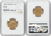 Victoria gold "Shield" Sovereign 1838 XF40 NGC, KM736.1, S-3852. Presenting somewhat muted surfaces in mustard tone. A scratch across Victoria's cheek...