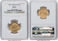 Victoria gold "Shield" Sovereign 1862 MS62 NGC, KM736.1, S-3852D. An adorable Uncirculated piece, fully struck up and featuring satiny surfaces. Altho...