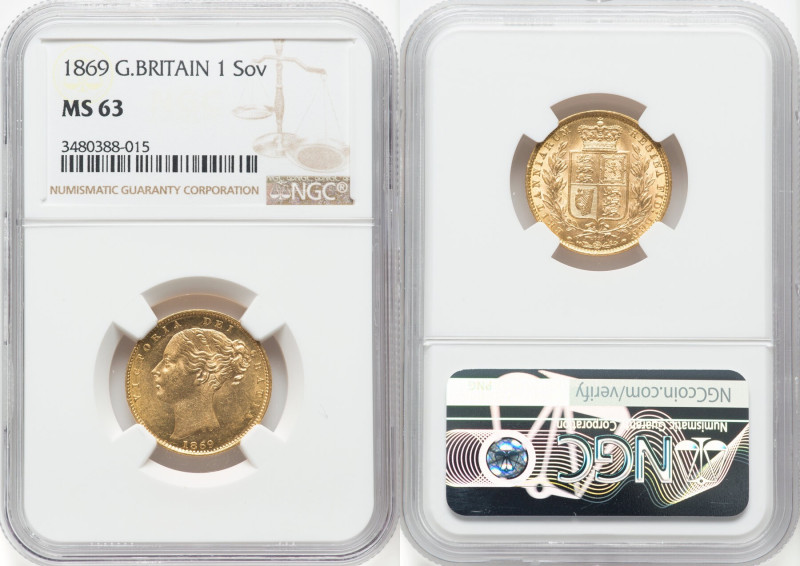 Victoria gold "Shield" Sovereign 1869 MS63 NGC, KM736.2, S-3853. Die #61. A brig...