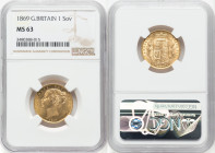 Victoria gold "Shield" Sovereign 1869 MS63 NGC, KM736.2, S-3853. Die #61. A bright and Choice offering of this relatively commonly encountered date. H...