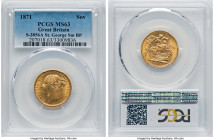 Victoria gold "St. George" Sovereign 1871 MS63 PCGS, KM752, S-3856A. Horse with long tail, small BP in exergue. Thin die cracks circling the reverse p...