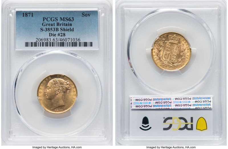 Victoria gold "Shield" Sovereign 1871 MS63 PCGS, KM736.2, S-3853B. Die #28. A su...