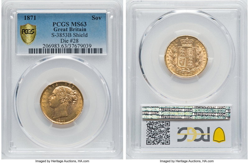 Victoria gold "Shield" Sovereign 1871 MS63 PCGS, KM736.2, S-3853B. Die #28. An a...