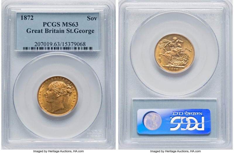 Victoria gold "St. George" Sovereign 1872 MS63 PCGS, KM752, S-3856A. An enthrall...