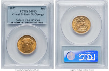 Victoria gold "St. George" Sovereign 1872 MS63 PCGS, KM752, S-3856A. An enthralling and Choice selection adorned with pronounced luminosity and a hint...