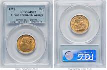 Victoria gold Sovereign 1884 MS62 PCGS, KM752, S-3856B. Horse with short tail, WW buried in narrow truncation. An inviting example with only occasiona...