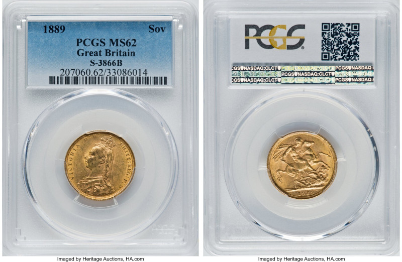 Victoria gold Sovereign 1889 MS62 PCGS, KM767, S-3866B. Normal JEB, second legen...