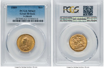 Victoria gold Sovereign 1889 MS62 PCGS, KM767, S-3866B. Normal JEB, second legend. Mild cabinet friction and contact marks from handling in the obvers...
