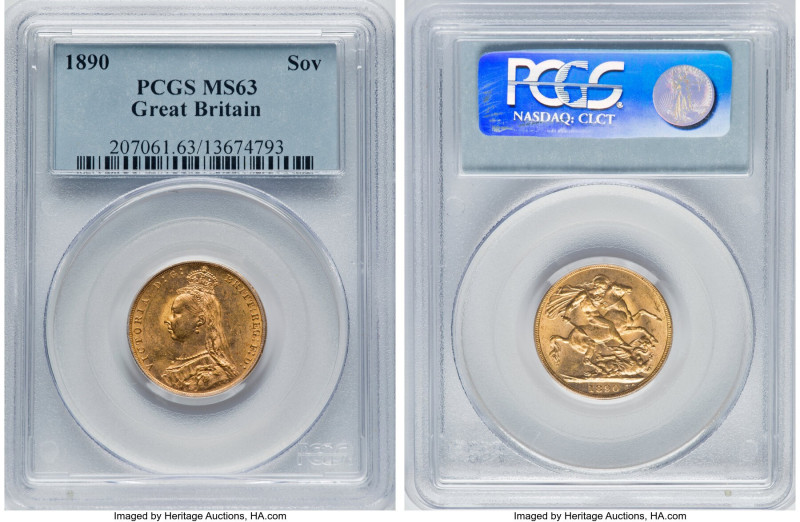 Victoria gold Sovereign 1890 MS63 PCGS, KM767, S-3866B. Normal JEB, second legen...