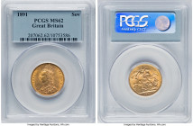 Victoria gold Sovereign 1891 MS62 PCGS, KM767, S-3866C. Normal JEB, second legend, horse with long tail. Faint cabinet friction on the Queen's temple ...