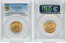 Victoria gold Sovereign 1892 MS62 PCGS, KM767, S-3866C. Normal JEB, second legend. Last year of the Jubilee type, enjoying flares of satisfying luster...
