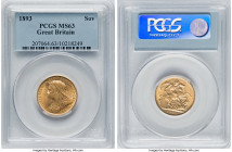 Victoria gold Sovereign 1893 MS63 PCGS, KM785, S-3874. First year of the veiled head coinage of Queen Victoria. A pleasant, Choice piece in champagne-...