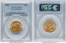 Victoria gold Sovereign 1901 MS62+ PCGS, KM785, S-3874. Issued on the last year of Victoria's astonishingly long reign, this conditionally scarce surv...