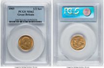 Edward VII gold 1/2 Sovereign 1903 MS62 PCGS, KM804, S-3974A. Peripheral touches of luster enliven this piece with pale pistachio undertone. HID098012...